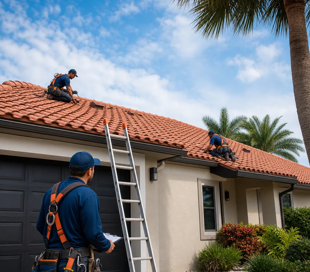 Roofing crew inspecting and completing minor roof work on a Pembroke Pines home