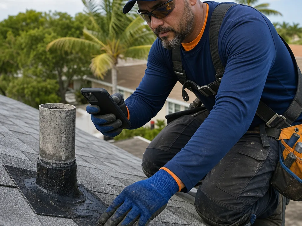 Roofer inspecting flashing and sealant around a roof penetration and documenting the findings