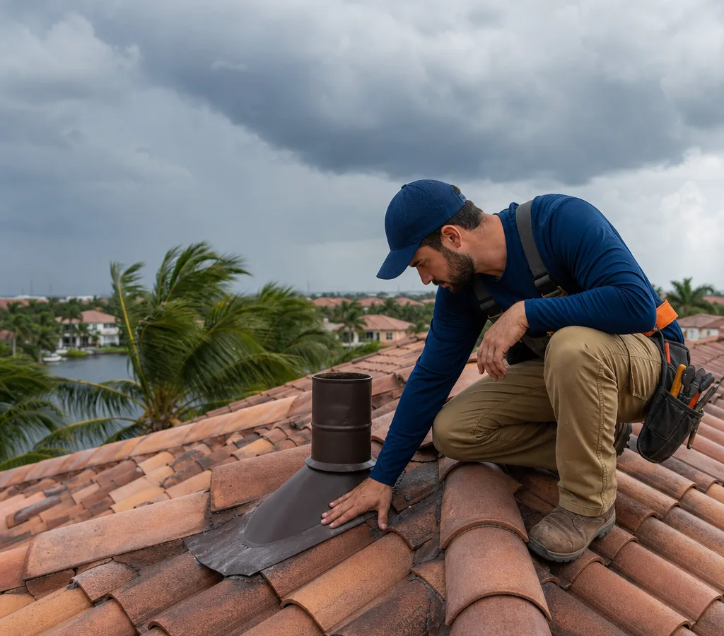 Roofing technician inspecting a suspected leak near a vent and flashing on a Pembroke Pines home