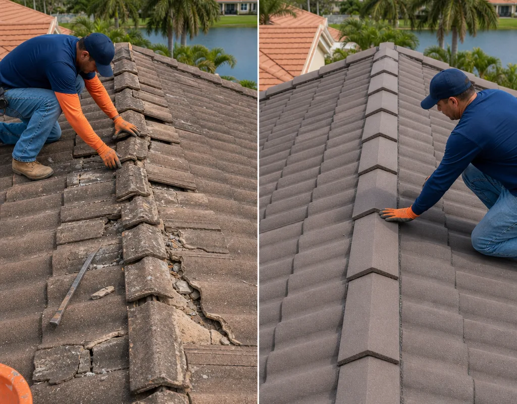 Before and after view of cracked concrete roof tiles replaced and aligned