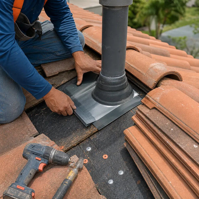 Tile roof repair showing removed tiles, underlayment, and flashing near a vent penetration