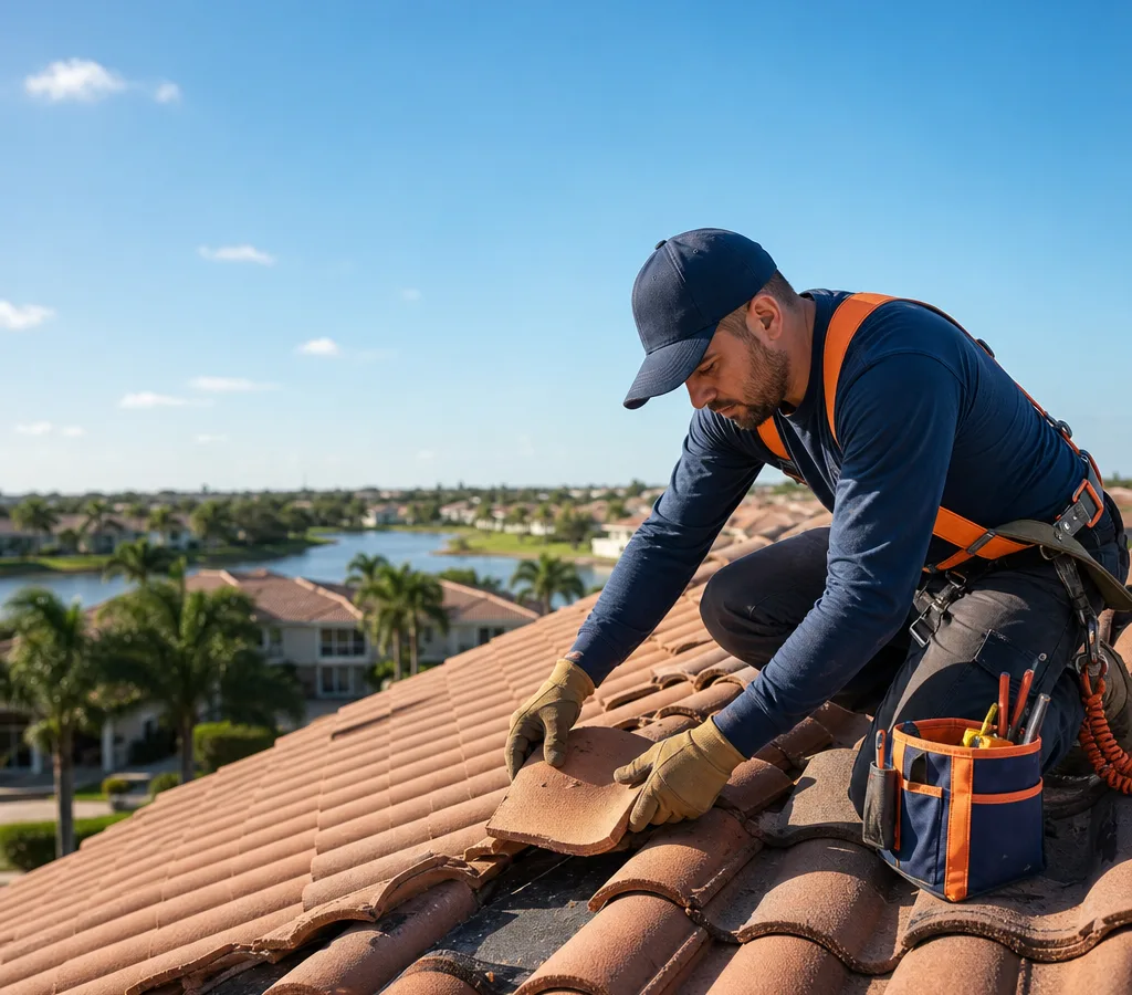 Roofing technician replacing a cracked tile and checking adjacent tiles on a Pembroke Pines home